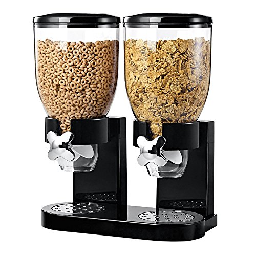 Dispensador doble de cereales y alimentos secos con bandeja de derrame incluida para hogar, cocina, encimeras, desayuno, mascotas, comida para gatos, comida para perros, dulces, despensa y comidas