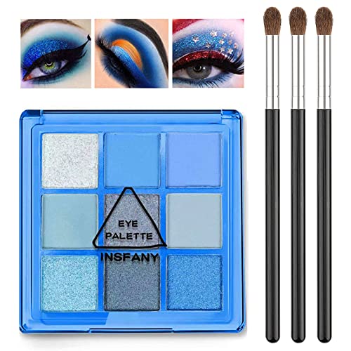 Miniling 9 Colors Bule Eyeshadow Paletteï¼ŒHighly Pigmented Mattes Shimmers Naked Powder Eyeshadow Paletteï¼ŒLong Lasting Waterproof Eye Shadow Makeup Palette with Eyeshadow Brush (Blue Set)