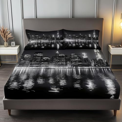 Drap Housse Photographie Skyline de New York Noir Microfibre 3D Imprimé Housse de Matelas 30 cm Épais Protection de Matelas - Antidérapants Résistant...