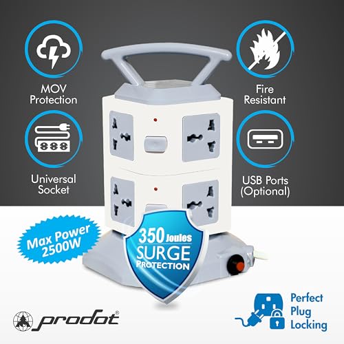 Image of ProDot Power Spike Guard, Strip Surge Protector with Master Switch and 8 Outlets, Heavy Duty Extension Cord for Home, Office, Travel & Phone Charging Bricks (2 Meter)