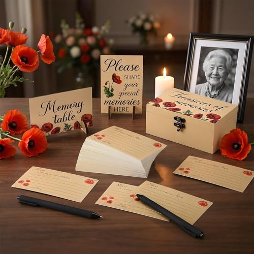 Image of Gilprop 112 Pcs Celebration of Life Memory Cards Set Share a Memory Cards with Box 2 Wood Sign with 4 Hold and 5 Pens, Sympathy Memorial Gifts Funeral Keepsake Decorations (Poppy)