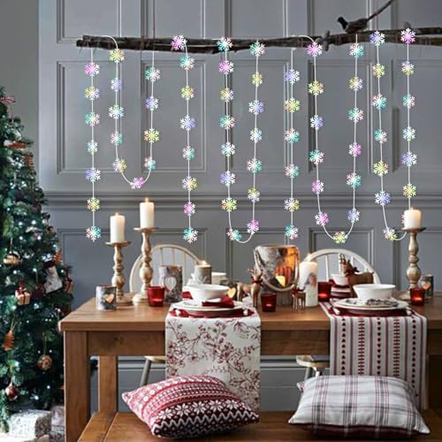 Image of Snowflake-Snow Iridescent-Holographic Christmas Party-Decoration Garland - 52ft Winter Wonderland Frozen Ornaments Hanging Paper Streamers,New Years Birthday Baby Shower Dance Ceiling Decor Hugfond