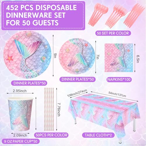 Image of Funnymoom 452 Pcs Mermaid Party Decorations Include Sea Mermaid Paper Plates Napkins Cups Tablecloth Cutlery Straws Ocean Tableware for Baby Shower Birthday Party Supplies