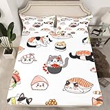 Japanese Sushi Bed Sheets Lovely Little Cat Fitted Sheet for Child Teens Men,Novelty Cartoon Pet Animal Japan Food Bedding Sets Bedding Decor Set Twin Size Ethnic Kawaii Room Decor,Cat Lover Gifts