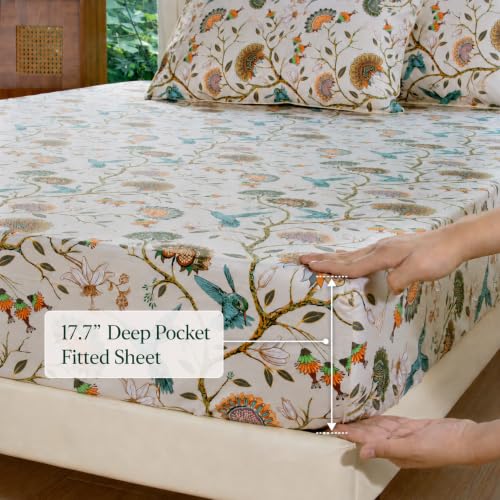 Image of FADFAY Twin 100% Egyptian Cotton Sheets Set 4 Piece, Luxury Cottagecore Botanical Floral Bird Print Ultra Soft Cooling Bed Sheets Set, Breathable Deep Pocket Hotel Quality Bedding for Hot Sleepers