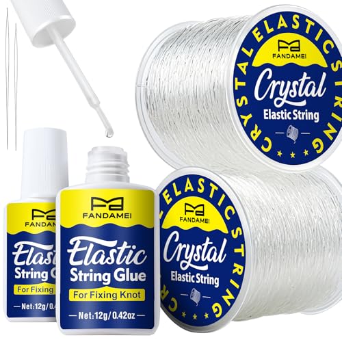 FANDAMEI Elastic String for Bracelets Making Kit, 1mm&0.8mm Clear Bracelet String, Stretchy String with 24g Jewelry Glue for Elastic String & 2 Beading Needles for DIY Necklaces, Bracelets & Jewelry