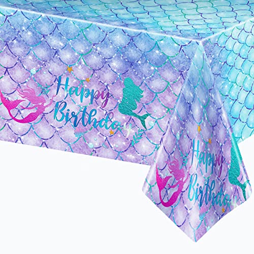 DaiUni 1PCS Mermaid Birthday Tablecloth for Birthday Party Decoration, Plastic Disposable Rectangle Table Cover for Kids Girls Party Supplies, 54' x 108'