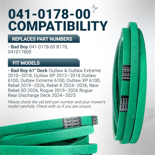 Image of [Upgraded Grip120] BlueStars 041-0178-00 Deck Belt Aramid Cord 181 inch | Deck Belt for 61 inch Bad Boy Outlaw,Outlaw XP Rebel Rebel X Rebel SD Lawn Mower Replaces B178 041-0178-00 041017800 Mower Belt