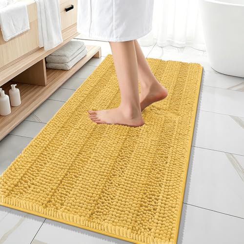 Image of OLANLY Thick Bathroom Runner Rugs 47x20, Extra Absorbent Chenille Striped Bath Rugs, Rubber Backing, Machine Wash Dry, Long Bath Mats for Bathroom Floor, Tub and Shower, Home Decor Accessories, Yellow
