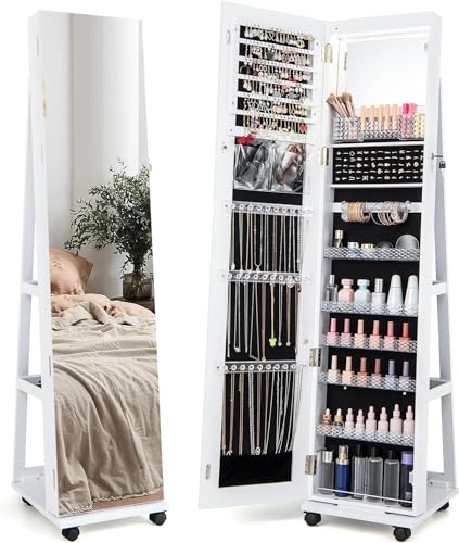 RELAX4LIFE 3 en 1 Espejo Joyero de Pie con 4 Ruedas Giratorias 360°, LED de 3 Colores y 2 Espejos, Armario para Joyas con 3 Estantes de Almacenaje, Espejo de Cuerpo Entero y Cerradura (Blanco)