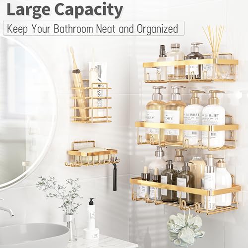 5 Pack Shower Caddy Organizer Rack Shelf for Inside Shower, Self Adhesive Wall Storage Basket Rustproof Stainless Steel Shampoo Holder Bathroom Accessory Decor Set, Gold - Image 3