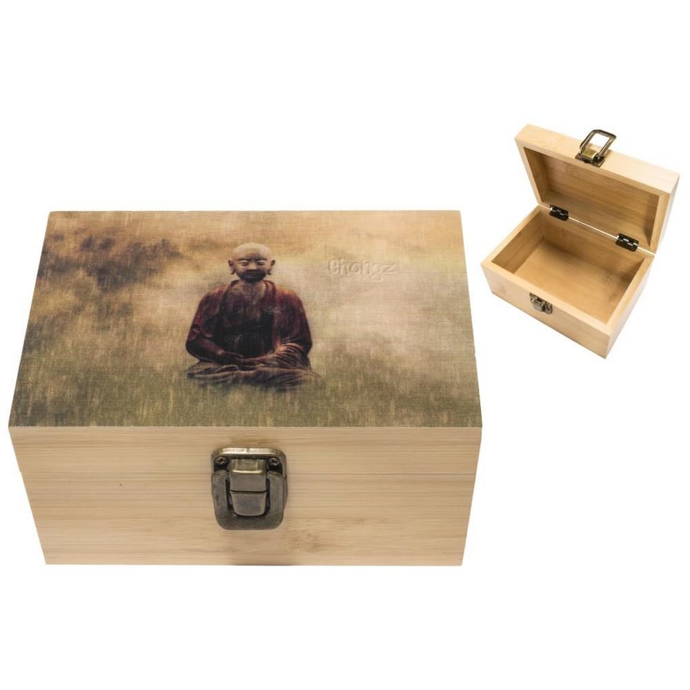Chongz Bamboo Medium Wooden Box - Lockable Cigarette Stash Box with Unique Printed Cover & Magnetic Lid - Compact & Lightweight Storage for Smoking Accessories (Buddah)