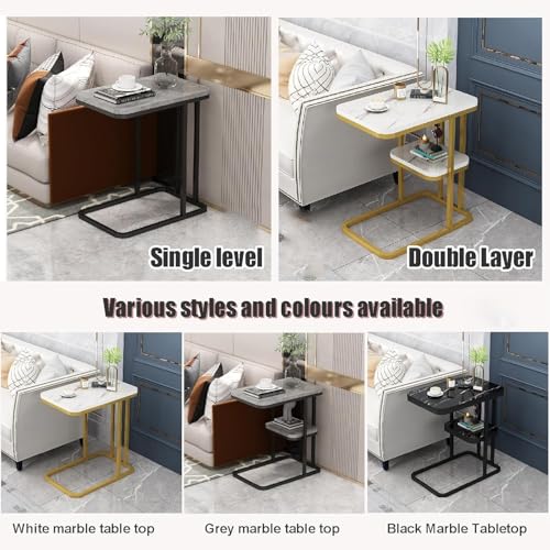 Image of Metal U-Shaped Side Table, Multipurpose End Table with Marble Texture Look, Small Coffee Table Sofa Table Bedside Table for Bedroom Living Room or Office, 2 Tier Storage, Black and White