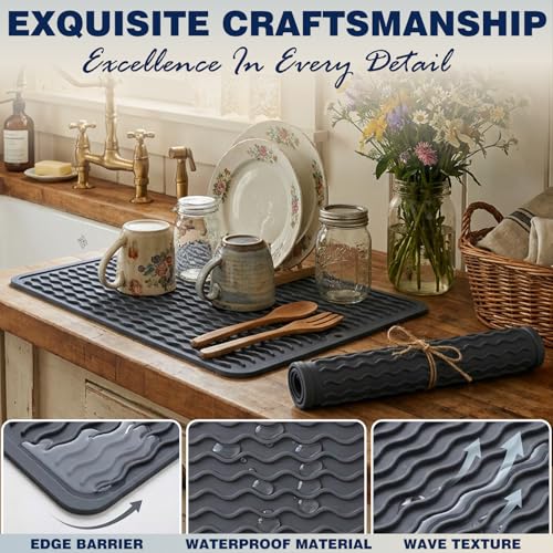 Image of 2 Pack Caketime Silicone Dish Drying Mat for Kitchen Counter Baking Cooking Grilling Tools Coffee Must Haves Household Dining Finds Simple Bathroom Dryer Work Place Covers Rubber Rug 12 inchx12 inch Green