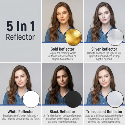 Image of ZIBUYU 5 in 1 Collapsible Reflectors for Photography with Bag, 80cm Dia Double Sided, Light Diffuser with Gold, Silver, White, Black & Translucent Panels for Studio & Outdoor Photography