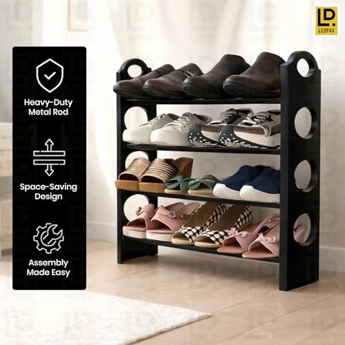 Image of LEOPAX Kaan Premium Multipurpose Shoe Rack | 4-Tier Shoe Storage Organizer, Space-Saving Design, Sturdy & Durable Rack for Entryway, Living Room, Bedroom & Closet - Black