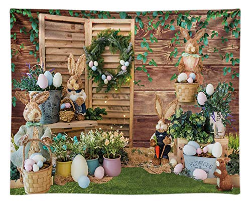 Funnytree 10x8FT Fabric Spring Happy Easter Backdrops for Photography Bunny Rabbit Grass Rustic Wood Background Baby Shower Party Supplies Decor Banner Portrait Studio Photoshoot Prop Photobooth Gift