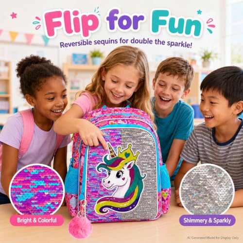 Image of 16 inch Unicorn Girls Backpack, 3Pcs Sequin Bookbag Set for Kids, Elementary Preschool Preschool School Backpacks with Lunch Box (Rose)