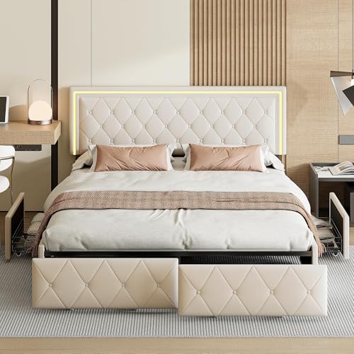 WSOFZMO Polsterbett 160x200 mit Stauraum, Doppel Bett 160x200 mit Lattenrost, Boxspringbett Jugendbett, Betten mit 4 Schubladen, PU, ohne Matratze (Stil2, 160 * 200) – Bild 4