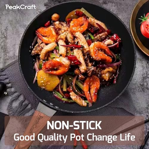 PeakCraft Wok antiaderente de 32 cm com tampa e espátula de madeira – Frigideira revestida de granito, presente de cozinha perfeito para chefs domésticos – Wok de fundo plano para indução, fogão a gás