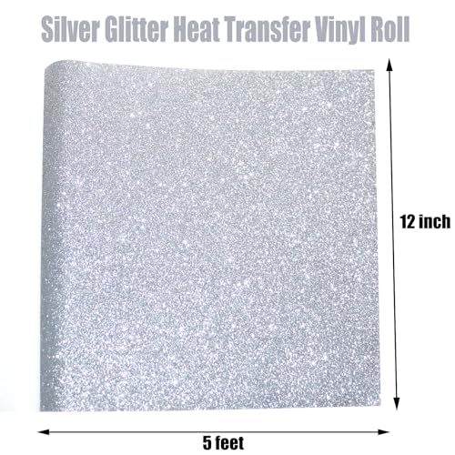 Image of Silver Glitter Heat Transfer Vinyl Roll Silver Htv 12 Inch x 5 Feet Iron on Vinyl for Cricut, T-Shirts DIY Design Totes and Bags, Easy to Cut & Weed for Silhouette Cameo, Heat Press Machine