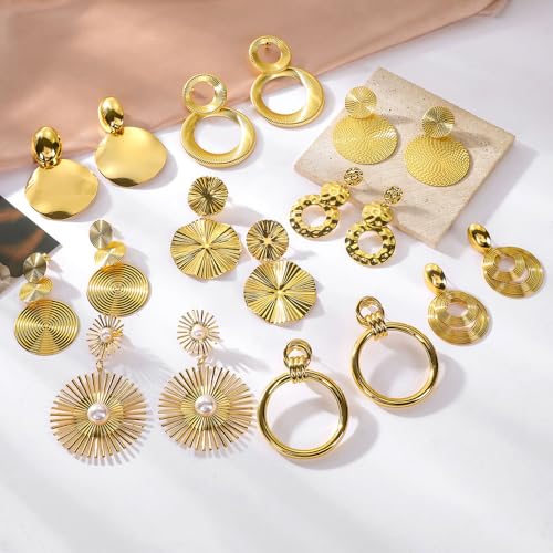 11 Pairs Big Disc Drop Earrings Gold Dangle Earrings Round Hammered Statement Earrings For Women Set3