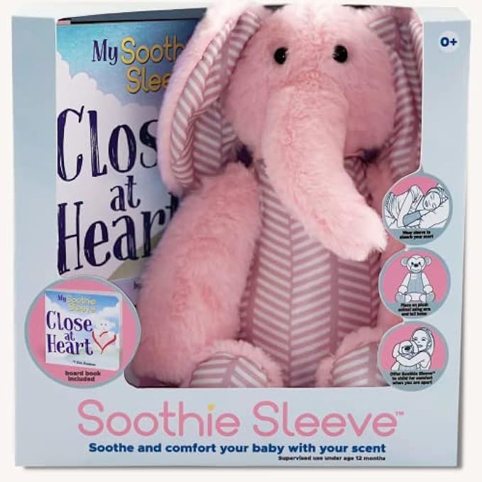 Soothie Sleeve Plush Comforts with Parent's Scent | Pediatrician Designed (Fussy,Crying Baby or Child.Separation Anxiety, Shower, Hospital, NICU Gift Set. Transitional Object,Lovey), Emmy The Elephant