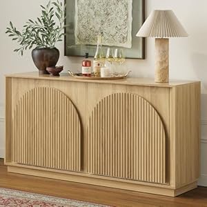 win2win Fluted Sideboard Buffet Cabinet with Storage, 65″ Modern Accent Cabinet with Double-Layered Arch Doors, Wood Boho Media TV Console Table Credenza for Living Dining Room Hallway Entryway, Oak