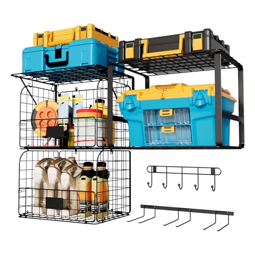 Swociro Garagenregale zur Wandmontage mit Drahtkörben, Robustes Garagen-Wandregal für die Garage mit Gartengeräteständer und Haken, Lagerregale für Haus, Garage, Garten，3 Stück (Black, 40X30X30cm, 3)