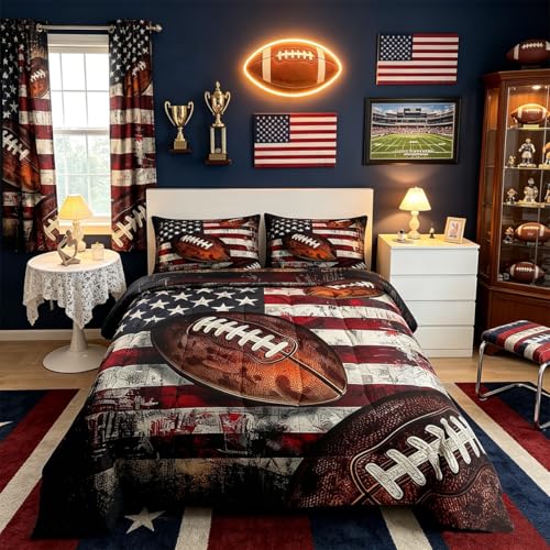 Feelyou Football Comforter Set Full Size Kids American Flag Comforter for Boys Girls Teens Rugby Gaming Sports Bedding Set Sports Theme Quilt Set