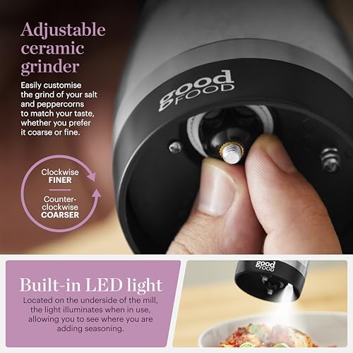 Good Food in Partnership with Tower Duo Salt & Pepper Mill, Rechargeable with Adjustable Ceramic Grinders, Individual Push Buttons, Black with Brushed Chrome Accents, GF847069 - Image 4