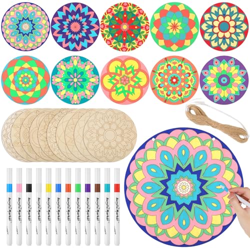 Toyosport 23 Pcs 12 Inch Wooden Mandala Painting Set, Including 10 Unfinished Wood Cutouts, 12 Markers, and 1 Hanging Rope, DIY Hanging Mandala Wall Decors, Mandala Painting Kit for DIY Crafts