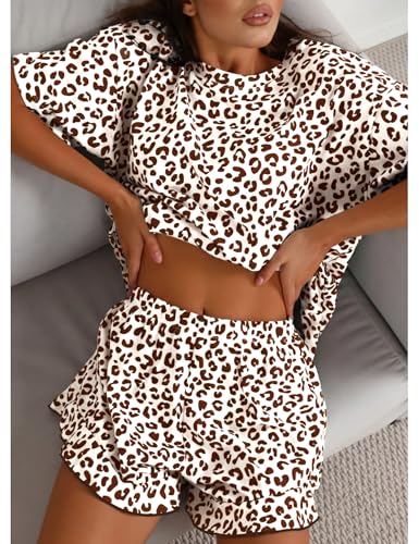 Image of Pajama Set for Women Short Sleeve Tops and Ruffle Shorts Leopard Print Sleepwear Soft Lounge Set 2 Piece Pj Sets