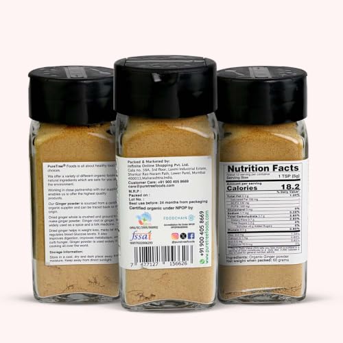 Image of Pure Tree Certified Organic Adrak Powder | 60 g | Glass Jar | Sonti Dry Sonth Powder - Saunth | Allam Powder Ginger Powder For Cooking | Gluten Free Sukku Podi