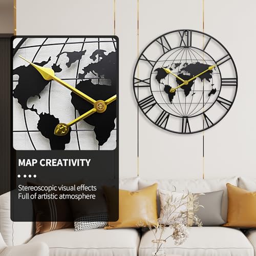Image of Large World Map Wall Clock, Metal Minimalist Analog Modern Clock, Round Silent Non-Ticking Battery Operated Wall Clocks for Living Room / Home /Kitchen /Bedroom (24 Inch), Black
