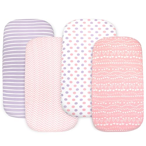 Image of Bassinet Sheets Girl– 4-Pack Soft Fitted Bassinet Sheets, Organic Cotton, Breathable & Cozy, Fits 32x16x4 Inch Rectangle, Oval & Hourglass Mattresses (Lavender-Pink)