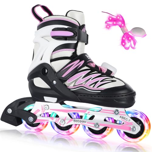 BELEEV Inliner Kinder Jugendliche Erwachsene, Inline Skates 4 Größen Verstellbar, Roller Skates mit LED Leuchtende Schnürsenkeln und Rädern, Geschenke Anfänger Mädchen Jungen Herren Damen - Pink M