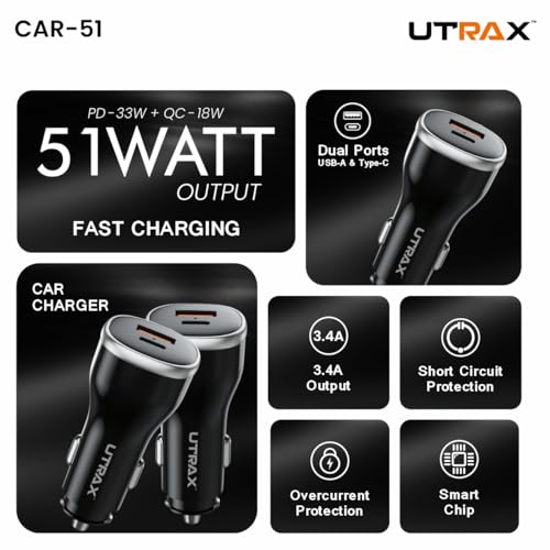 Image of UTRAX 51W Fast Car Charger with 33W PD & 18W QC | Dual Port All Protocol Charger for Car | Type-C Power Delivery & USB Quick Charge | Black | 1 Year Warranty (51W (with USB to Type C Cable))