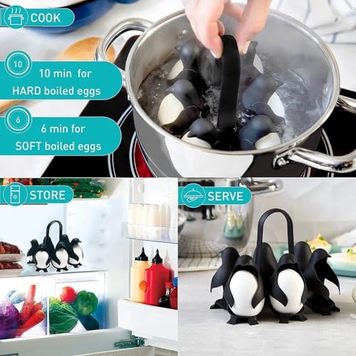 Image of Penguin-Shaped Boiled Egg Cooker, 3-in-1 Cook, Store and Serve Egg Holder for Making Soft or Hard Boiled Eggs, Holds 6 Eggs for Easy Cooking and Fridge Storage.