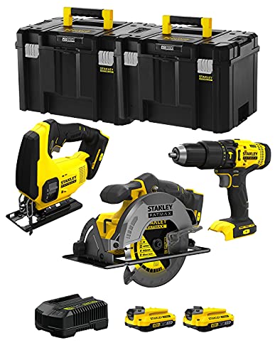 STANLEY FatMax Kit SVK302 (Scie Sauteuse SFMCS600 + Scie Circulaire SFMCS500 + Perceuse à Percussion SFMCD711 + 2 Batteries de 2,0 Ah + Chargeur + TSTAK VI) Cover