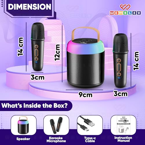 Image of Wembley Bluetooth Karaoke Speaker Set | Speaker with Two Wireless Microphones | HD Sound with 6 Sound Modes | 5W Output Speaker | Birthday Gift for Kids and Adults (Cylindrical, Black)