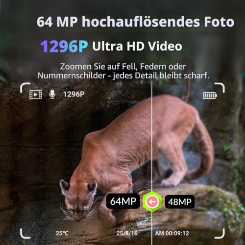 BlazeVideo Wildkamera WLAN mit App,Wildtierkamera Nachtsichtkamera Fotofalle 64MP 1296P Verbinden...