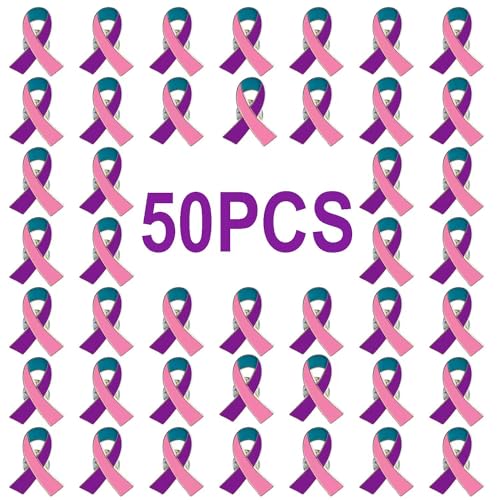 50 Pcs Pink Purple Teal Ribbon Pins Thyroid Cancer Awareness Enamel Lapel Brooch Cancer Awareness Products