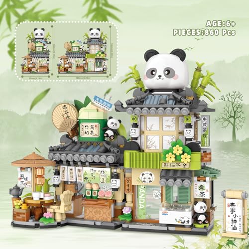 Image of Street View Tea Shop Mini Building Blocks, MOC Creative Building Toys Cute Panda Animals Building Set for Girls 6-12, Simulation Architecture Construction Toy, Gift Idea for Kids Adults (860PCS)