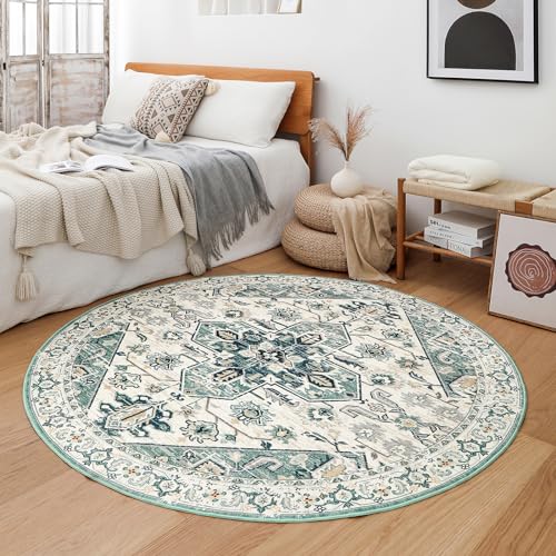 VK VK·LIVING Washable Round Rug 5ft Vintage Circle Area Rugs with Non-Slip Round Carpets for Living Room Bedroom, Stain Resistant Floor Carpets for Dining Home Office Boho Rug, Soft Sage - image 2