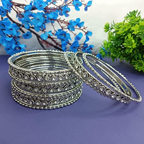 Efulgenz Oxidized Silver Bangles for Women Indian Boho Oxidized Bangles CZ Crystal Metal Indian Bracelet Bangle Set Jewellery for Women2