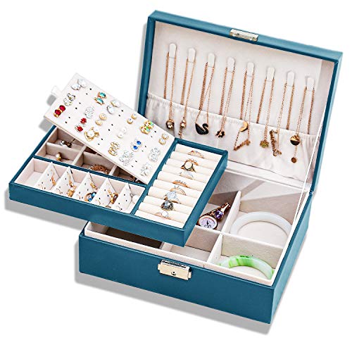 Caja Joyero para Mujer, Caja de Joyas de Cuero con Cerradura 2 Capas Organizador Estuche Joyero de Viaje Joyero Pequeña Portátil Joyero para Pendientes Anillos Collares Almacenamiento (green) Cover