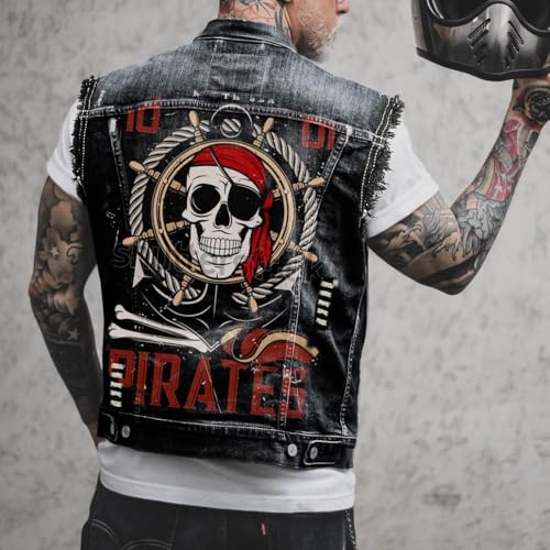 Distressed Denim Vest with Skull Biker Print Sleeveless Jean Jacket Casual Vintage Ripped Jeans Vests3