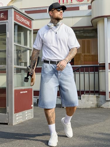 Image of PLEPAN Mens Super Baggy Jean Shorts 12 inch Vintage Loose Fit Wide Leg Long Jorts Y2K Streetwear Below Knee Denim Shorts