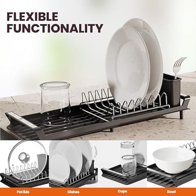 Dish Drying Rack, Expandable Kitchen Dish Racks for Kitchen Counter with Inclined Sloped Drain, Removable Stainless Steel Plate Rack & Utensil Holder, Collapsible Dish Drainer Grey, 11-19 in